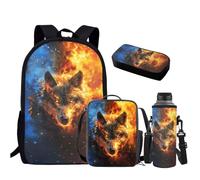 HUGS IDEA Juego de 4 mochilas para niños y niños, mochila escolar con lonchera 4 en 1, juego de mochila escolar, Lobo de Fuego, Taille unique