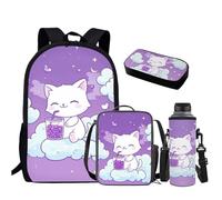 HUGS IDEA Juego de mochila para niñas con fiambrera, mochila escolar para niñas, bolsa escolar de 4 piezas, Lindo Gato, Talla única, Mochilas
