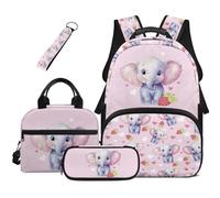 HUGS IDEA Mochila para niñas con fiambrera, bonita bolsa para libros escolares, estuche para lápices, llavero para edades primarias de 6 a 8 años, viajes diarios, Elefante de fresa