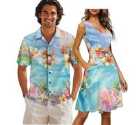 HUGS IDEA Trajes a juego para parejas, vestidos casuales para mujer, vestido de manga para hombre, camisas con botones para golf, playa, Azul claro bajo el agua, S