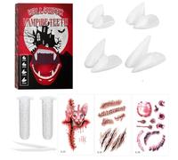 Huhemy Dientes de Vampiro de Conjunto de 10 Piezas,4 Tamaños de Dientes Vampiro con 2 Pellets de Adhesivo en Tubo,Dientes Vampiro para Accesorios de Fiesta de Carnaval,Disfraces de Halloween.