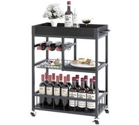 Huhote Carrito de servir, carrito de cocina con estante para vino, carrito de bar, carrito de bebidas, carrito con ruedas, carrito de vino para comedor, cocina, salón, bar, fiesta, color negro
