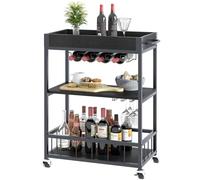 Huhote Carrito de Servir Multifuncional - Cocina, Bar Con Ruedas, Soporte para Botellas de Vino, 3 Niveles - para Salón, Comedor, Cocina, Bar, Fiesta - Negro
