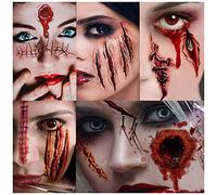 HUHUDAY Cicatrices Halloween, Pegatinas Halloween, Tatuajes Temporales, 10 Hojas,Halloween Zombie Cicatrices Tatuajes Pegatinas con Falso Scab Sangre Especial Fx Costume Maquillaje Props
