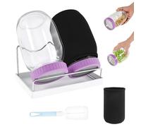 HuhWafee Juego de 2 tarros de cristal germinado con tapa de acero inoxidable y soporte para semillas de brócoli microgreens, juego completo con funda opaca, bandeja colectora de cuello ancho, tarros