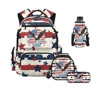 HUIACONG Juego de mochila para niños, 4 piezas, mochila escolar primaria con fiambrera, estuche para lápices, funda para botella de agua para 6-8 años, Happy Usa 250th, One Size