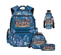 HUIACONG Juego de mochila para niños, 4 piezas, mochila escolar primaria con fiambrera, estuche para lápices, funda para botella de agua para 6-8 años, Bandera de Estados Unidos Hibiscus Frangipani