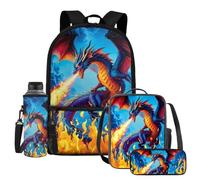 HUIACONG Mochila con diseño de dragón que respira fuego para niños de 6 a 8 años, con fiambrera, estuche para lápices para el regreso a clases, 1er grado, juego de lonchera