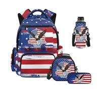 HUIACONG Mochila escolar para niños, 4 piezas, mochilas de escuela secundaria para niñas con lonchera, bolsa para lápices, bolsa para botella de agua, Happy Usa 250th, One Size