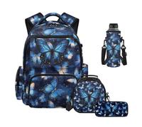 HUIACONG Mochilas para escuela primaria, 4 unidades, mochilas para niños con lonchera, estuche para lápices, funda para botella de agua para 6-8, 8-10 años, Morpho Butterfly, One Size