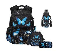 HUIACONG Mochilas para escuela primaria, 4 unidades, mochilas para niños con lonchera, estuche para lápices, funda para botella de agua para 6-8, 8-10 años, Mariposa Morpho azul, One Size