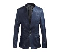 HUIANGLIYG Blazer de Hombre con Cuello Mandarín Chaqueta Slim Fit Estampada Chaqueta Formal Ligera de Un Solo Botonadura con Bolsillos para Boda, Fiesta de Graduación de Invitados Vestida Azul Mar