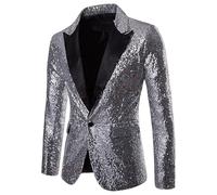 HUIANGLIYG Blazer de Lentejuelas Brillantes para Hombre, Chaqueta de Esmoquin Entallada de Un Botón con Solapa de Pico y Bolsillos, Estilo Discoteca de Los Años 70, para Bodas, Graduaciones, Festi