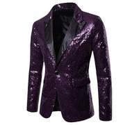 HUIANGLIYG Blazer de Lentejuelas Brillantes para Hombre, Solapa de Punta, Chaqueta Ajustada de Esmoquin de Un Solo Botón, Chaqueta Ligera de Un Solo Botón con Bolsillos para Eventos de Boda de Gra