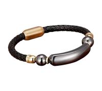 HUIANGLIYG Brazalete De Cuero Trenzado Negro Para Hombre Con Cierre Magnético, Gema Natural Y Cristal. Hecho A Mano. Pulsera De Cuero Trenzado. Joyería De Moda Para Hombre Y Mujer. Dorado. 4 X 21 Cm.