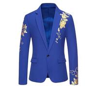 HUIANGLIYG Chaqueta Americana de Boda de Hombre Esmoquin Dorada con Flores con Estampado de Rosa Slim Fit con Solapa de Un Botón Abrigo Formal para Cena y Baile de Graduación Vestido Azul Real L