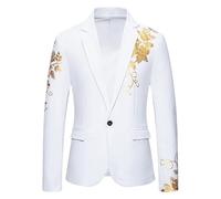 HUIANGLIYG Chaqueta de Boda de Hombre Chaqueta de Esmoquin Dorada con Estampado de Rosas, Corte Ajustado con Solapa de Un Solo Botón, Abrigo Formal para Cena de Graduación Vestido de Noche Blanco