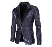 HUIANGLIYG Chaqueta de Traje con Lentejuelas Brillantes para Hombre, Un Botón, Corte Entallado, Solapa de Pico, Esmoquin de Fiesta, Chaqueta Blazer Ligera Estilo Discoteca de Los Años 70 con Bolsi