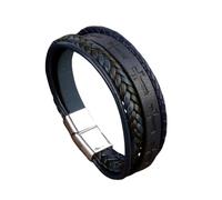 HUIANGLIYG Pulsera Cuero Hombre,Pulsera de Cuero Trenzado Multicapa para Hombre, Hecha A Mano, con Cruz, Estilo Religioso, con Cierre, Estilo Vintage, Regalo para El Día del Padre, Color Azul Marin