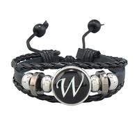 HUIANGLIYG Pulsera De Cuero Ajustable Con Inicial Para Hombre, Hecha A Mano, Tejida A Mano, Con Letras Del Alfabeto De La A A La Z Grabadas, Con Cuentas De Piedra De Hematita Negra, Ancho De 21 Cm.