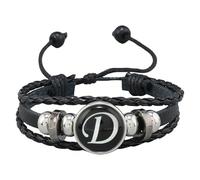 HUIANGLIYG Pulsera De Cuero Ajustable Con Inicial Para Hombre, Hecha A Mano, Tejida A Mano, Con Letras Del Alfabeto De La A A La Z Grabadas, Con Cuentas De Piedra De Hematita Negra, Tamaño 21 Cm