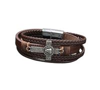 HUIANGLIYG Pulsera de Cuero con Cruz Celta de Hombre Pulsera de Cuero Trenzado Multicapa con Cierre Magnético Brazalete Religiosa Vintage con Cruz Vikingo Joyería Vikingo Regalo Casual para Él Caf