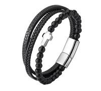 HUIANGLIYG Pulsera de Cuero con Cuentas de Piedra Natural para Hombre, Negra, Multicapa, con Cruz de Fe, Hecha A Mano, Trenzada, Amuleto, Joyería de Pascua y Navidad, Regalo con Caja, Cuentas de Vi