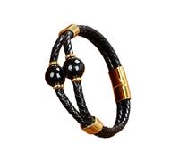 HUIANGLIYG Pulsera de Cuero con Cuentas de Piedra Natural para Hombres, Mujer, Brazalete de Cuero Negro Trenzado de Doble Capa con Cierre Magnético, Pulsera de Cristal para Aliviar La Ansiedad y Jo