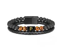 HUIANGLIYG Pulsera de Cuero con Inicial de Ojo de Tigre para Hombre, Clásica, Trenzada de Doble Fila con Letra Az, Sencilla, Hecha A Mano, Color Negro, Regalo para Esposo, Padre, Hijo, Cumpleaños,