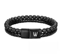 HUIANGLIYG Pulsera de Cuero con Inicial para Hombre, Ajustable, Trenzada de Doble Fila, con Cuentas de Roca de Lava Natural, Brazalete Personalizado con Letra Mayúscula de La A A La Z, Regalo de Jo