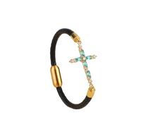 HUIANGLIYG Pulsera de Cuero de La Fe para Mujer, Pulsera de Cuero Trenzada con Cruce de Piel Genuina con Cristales Cúbicos de Circonia, Brazalete de Puño Fino Bohemio, Brazalete Religiosa, Joyerí