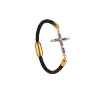 HUIANGLIYG Pulsera de Cuero de La Fe para Mujeres, Pulsera de Cuero Trenzada con Cruz de Piel Genuina con Cristales Cúbicos de Circonia, Brazalete Fina de Puño Bohemio, Brazalete Religiosa, Joyer