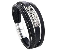 HUIANGLIYG Pulsera de Cuero de Varios Hilos para Hombre, Pulsera de Cadena Trenzada de Varias Capas con Cierre Magnético, Brazalete Punk Vintage de Puños Viking Regalos Viking para Hombres Negro 2