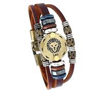 HUIANGLIYG Pulsera De Cuero Del Zodiaco Para Hombres Y Mujeres, Estilo Retro Multicapa, Marrón, Con Cuentas, Estilo Bohemio, Joyería Astrológica, Regalo Para Amantes Del Horóscopo, Leo, 21 Cm