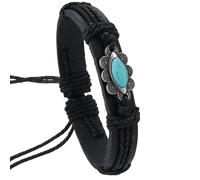 HUIANGLIYG Pulsera De Cuero Estilo Bohemio Occidental Con Piedra Turquesa, Hecha A Mano, Ajustable, Trenzada, Para Hombres Y Mujeres, Estilo Vintage Punk, Con Forma De Flor, Color Negro, 21 Cm