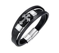 HUIANGLIYG Pulsera de Cuero Genuino con Cruz para Hombre, Trenzada Multicapa con Cierre Magnético, Elegante Pulsera Cristiana, Regalo de Joyería para Novio O Esposo, Color Negro, 21 Cm