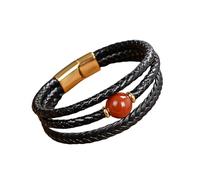 HUIANGLIYG Pulsera de Cuero Multicapa para Hombre, Pulsera Trenzada Negra con Broche Magnético Ajustable de Cuentas de Piedra Natural, Pulsera Elegante y Casual para Él, Ágata Roja del Sur 21Cm