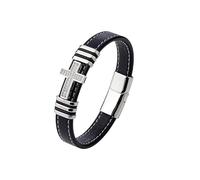 HUIANGLIYG Pulsera de Cuero Negro de Hombre con Cruz y Pulsera Trenzada de Circonia Cúbica, Pulsera de Fe Religiosa, Joyería Cristiana Regalo para Él, Novio, Padre y Marido, Hebilla de Plata 23Cm
