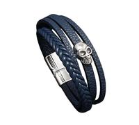 HUIANGLIYG Pulsera de Cuero para Hombre con Calavera, Trenzada Multicapa con Cierre Magnético, Estilo Gótico Punk Motero, Regalo Ideal para Papá, Marido O Novio, Color Azul, 20 Cm.