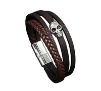 HUIANGLIYG Pulsera de Cuero para Hombre con Calavera, Trenzada Multicapa con Cierre Magnético, Estilo Gótico Punk Motero, Regalo Ideal para Papá, Marido O Novio, Color Marrón, 22 Cm.