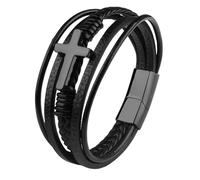 HUIANGLIYG Pulsera de Cuero para Hombre con Cruz de Brazaletes Trenzadas Multicapa con Cierre Magnético Brazalete Clásica de Fe Religiosa Regalo para Chicos Accesorios de Joyería Negros 20Cm