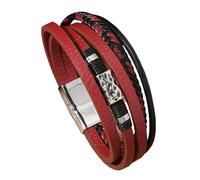 HUIANGLIYG Pulsera de Cuero para Hombre, Pulsera Trenzada Artesanal de Varios Hilos con Cuentas Texturizadas, Dijes Pulsera Punk Rock Ajustable para El Uso Diario Regalos para Él Rojo 20,5Cm