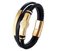 HUIANGLIYG Pulsera De Cuero Trenzado Multicapa Negra Para Hombre Con Dije De Brújula Vikinga, Estilo Retro Clásico De Los Años 80, Para Novio, Esposo Y Padre, Dorada, 23 Cm
