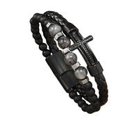 HUIANGLIYG Pulsera de Cuero Trenzado Negro con Cruz para Hombre, Cuentas de Piedra Natural, Brazalete de Cuero con Cierre Magnético, Joyería Religiosa Cristiana, Regalo considerado para Papá, Lab