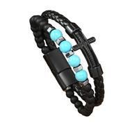 HUIANGLIYG Pulsera de Cuero Trenzado Negro con Cruz para Hombre, Cuentas de Piedra Natural, Pulsera de Cuero con Cierre Magnético, Joyería Religiosa Cristiana, Regalo considerado para Papá, Turqu