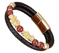 HUIANGLIYG Pulsera De Cuero Trenzado Negro Pi Xiu Para Hombre, Con Cuentas De Piedra Natural Y Cierre Magnético. Amuleto De La Suerte Feng Shui. Joyería Para Hombre Y Mujer. Color Dorado. 23 Cm.