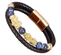 HUIANGLIYG Pulsera De Cuero Trenzado Negro Pi Xiu Para Hombre, Con Cuentas De Piedra Natural Y Cierre Magnético. Amuleto De La Suerte Feng Shui. Joyería Para Hombre Y Mujer. Color Dorado. 21 Cm.