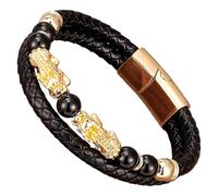 HUIANGLIYG Pulsera De Cuero Trenzado Negro Pi Xiu Para Hombre, Con Cuentas De Piedra Natural Y Cierre Magnético. Amuleto De La Suerte Feng Shui. Joyería Para Hombre Y Mujer. Color Dorado. 23 Cm.
