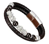 HUIANGLIYG Pulsera De Cuero Trenzado Negro Pi Xiu Para Hombre, Con Cuentas De Piedra Natural Y Cierre Magnético. Amuleto De La Suerte Feng Shui. Joyería Unisex. Color Blanco. Talla A. 19 Cm.