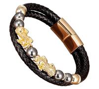 HUIANGLIYG Pulsera De Cuero Trenzado Negro Pi Xiu Para Hombre, Con Cuentas De Piedra Natural Y Cierre Magnético. Amuleto De La Suerte Feng Shui. Joyería Para Hombre Y Mujer. Color Dorado. 21 Cm.